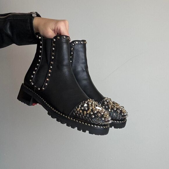 Christian Louboutin Shoes - Christian Louboutin Black Leather Studded Chelsea Booties